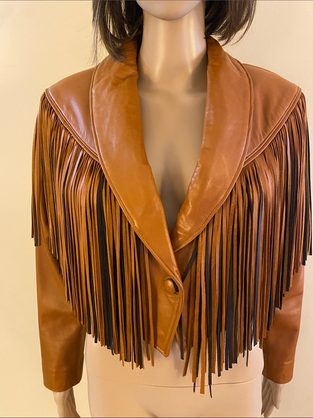 Vintage fringe leather jacket,size S, underarm 34”